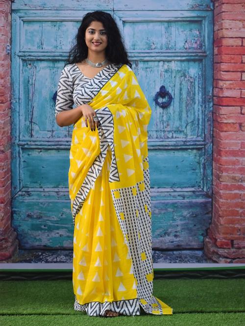 yellow colored printed saree with blouse - 20312991 - Very Small Image - 1