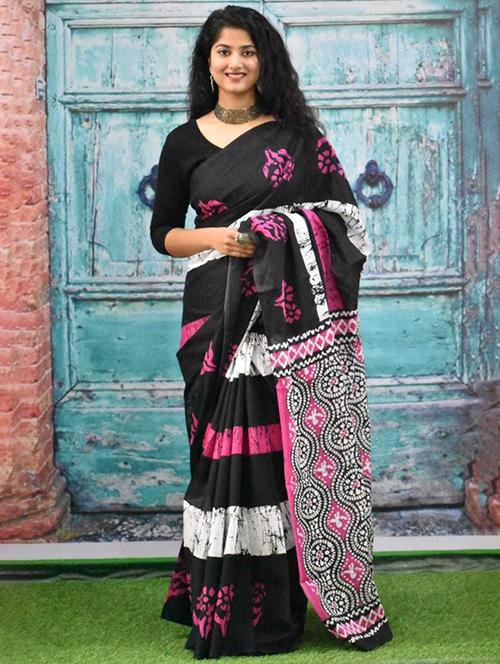 black colored printed saree with blouse - 20312999 - Very Small Image - 1