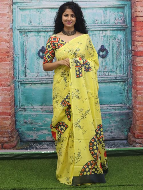 yellow colored printed saree with blouse - 20313008 - Very Small Image - 1