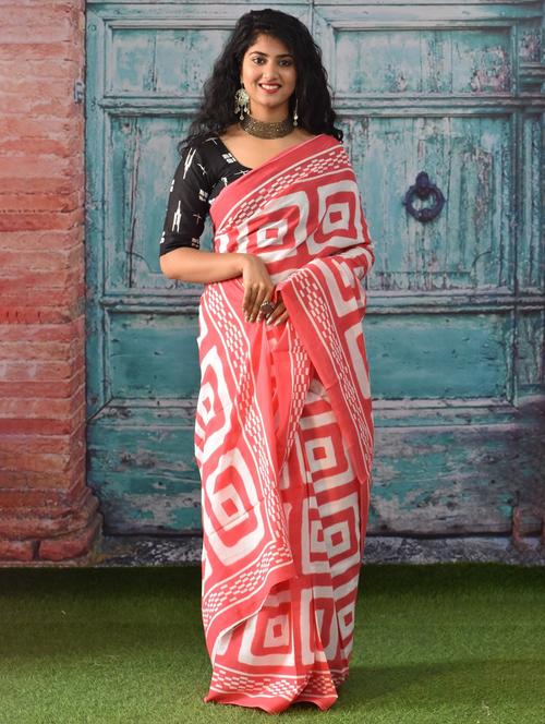 orange colored printed saree with blouse - 20313022 - Very Small Image - 1