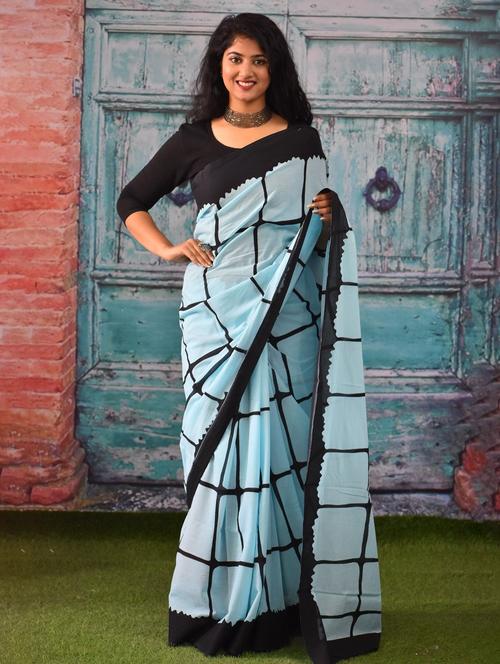 light blue colored printed saree with blouse - 20313131 - Very Small Image - 1