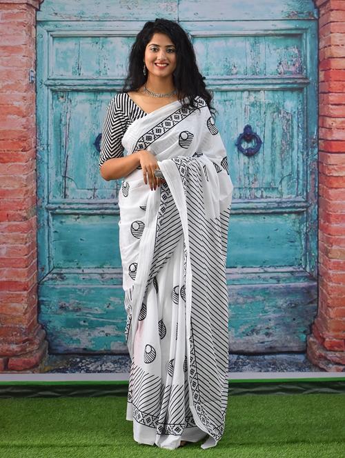 white colored printed saree - 20313134 - Very Small Image - 1