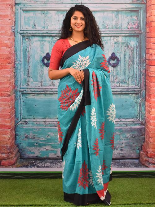 turquoise colored printed saree with blouse - 20313176 - Very Small Image - 1