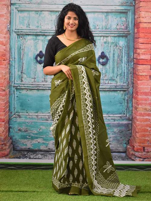 olive colored printed saree - 20313470 - Very Small Image - 1