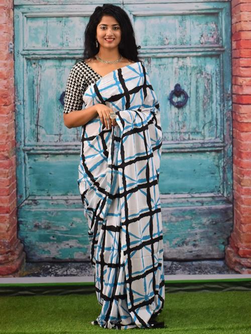 white check printed saree with blouse - 20313586 - Very Small Image - 1