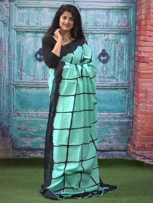 light green check printed saree with blouse - 20313588 - Very Small Image - 1