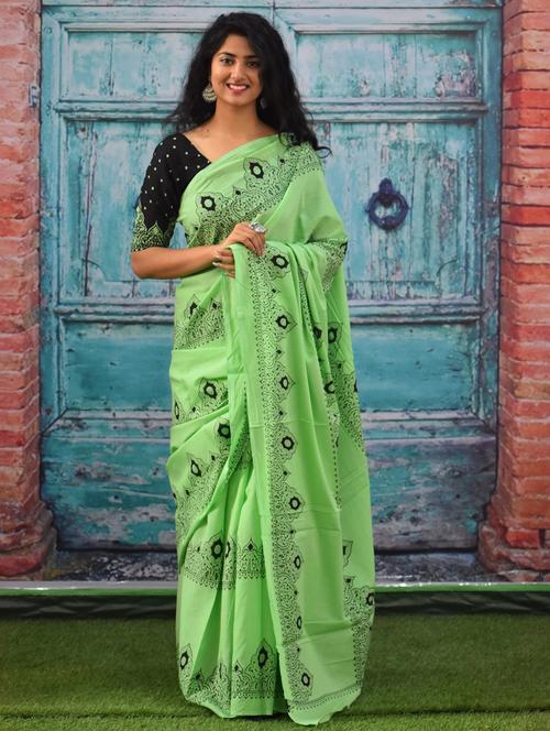 light green cotton printed saree with blouse - 20313713 - Very Small Image - 1
