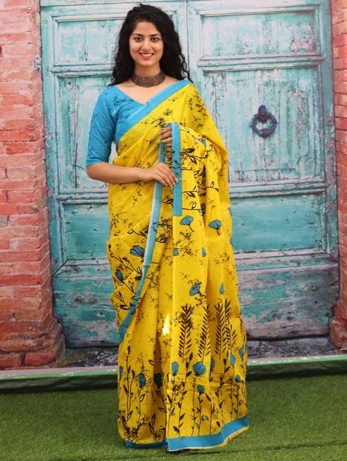 yellow floral printed saree with blouse - 20313730 - Very Small Image - 1