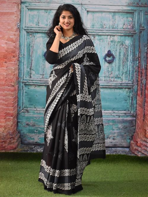 black block printed saree with blouse - 20313739 - Very Small Image - 1