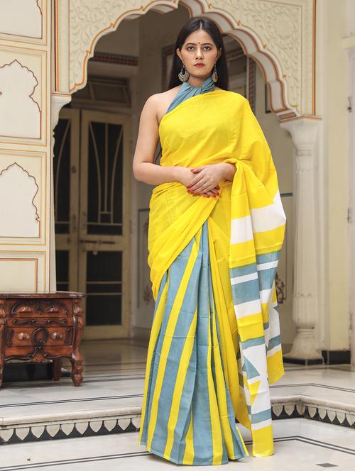 yellow color block printed saree with blouse - 20313757 - Very Small Image - 1
