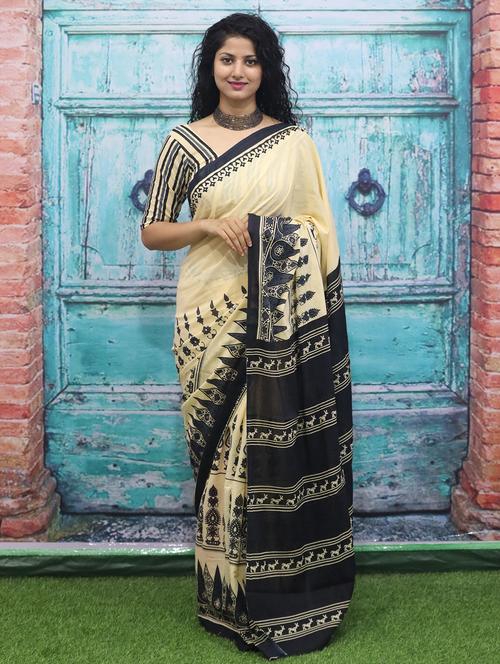 cream printed saree with blouse - 20313870 - Very Small Image - 1