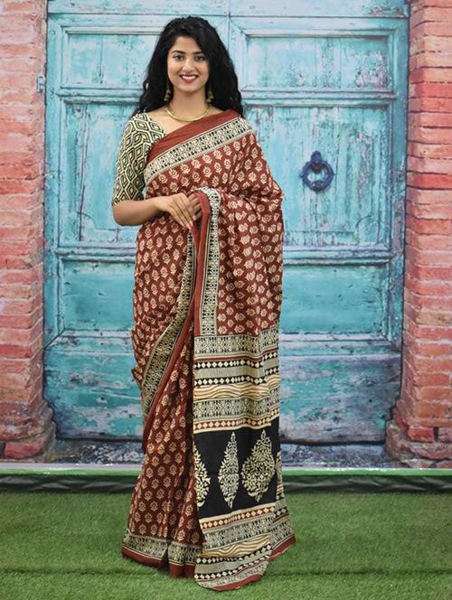 brown block printed saree - 20313871 - Very Small Image - 1