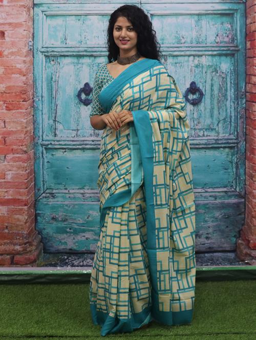 cream geometric printed saree with blouse - 20313932 - Very Small Image - 1