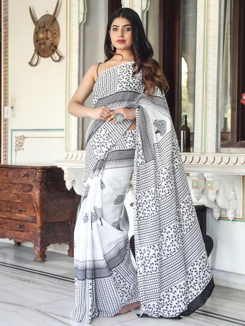 white printed saree with blouse - 20313944 - Very Small Image - 1