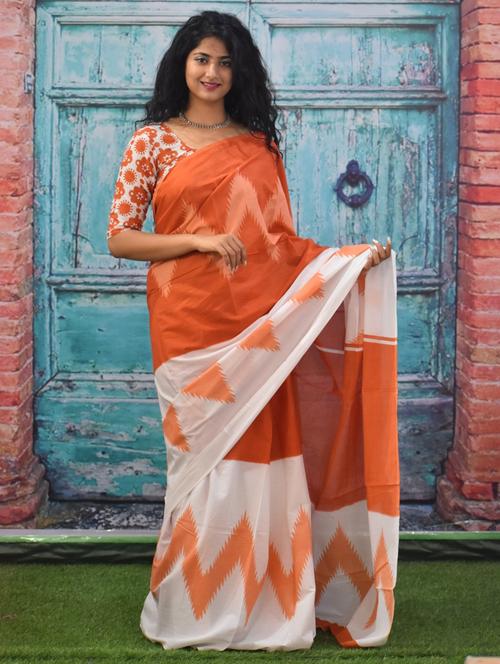 orange ikat printed saree with blouse - 20313948 - Very Small Image - 1
