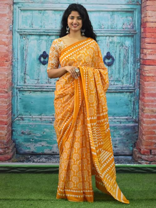 yellow bagru printed saree with blouse - 20313986 - Very Small Image - 1