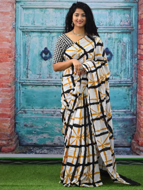 white check printed saree with blouse - 20314094 - Very Small Image - 1