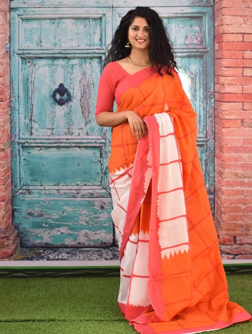 orange check printed saree with blouse - 20314135 - Very Small Image - 1