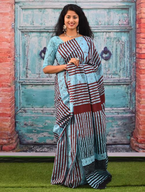 light blue striped printed saree with blouse - 20314189 - Very Small Image - 1