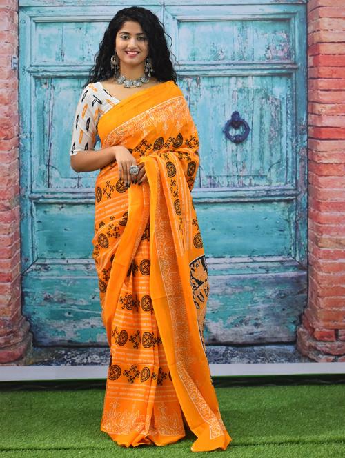 orange colored printed saree with blouse - 20314214 - Very Small Image - 1