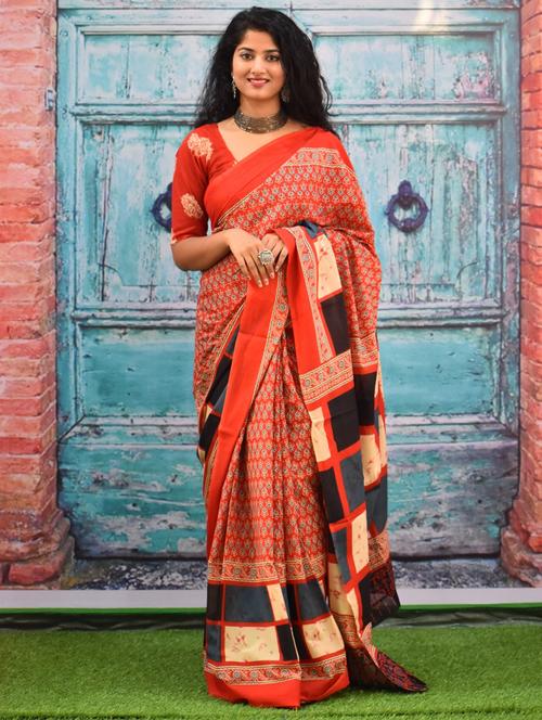 orange colored printed saree - 20314284 - Very Small Image - 1