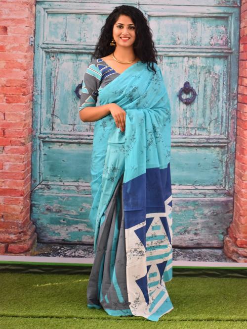 turquoise colored printed saree with blouse - 20314313 - Very Small Image - 1