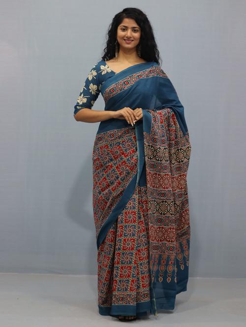blue ajrakh print saree with blouse - 20314410 - Very Small Image - 1