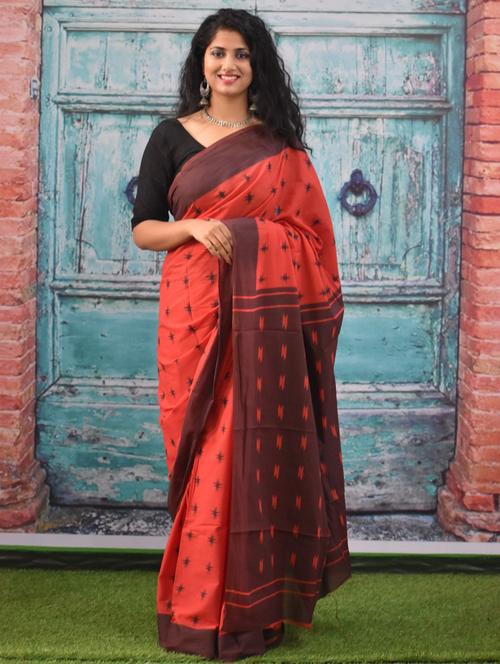 orange cotton ikkat saree with blouse - 20314411 - Very Small Image - 1