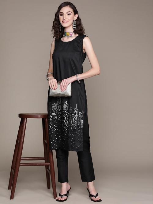 women black round neck kurta pant set - 20314478 - Very Small Image - 1