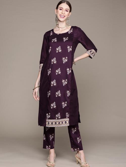 women purple round neck kurta pant set - 20314534 - Very Small Image - 1