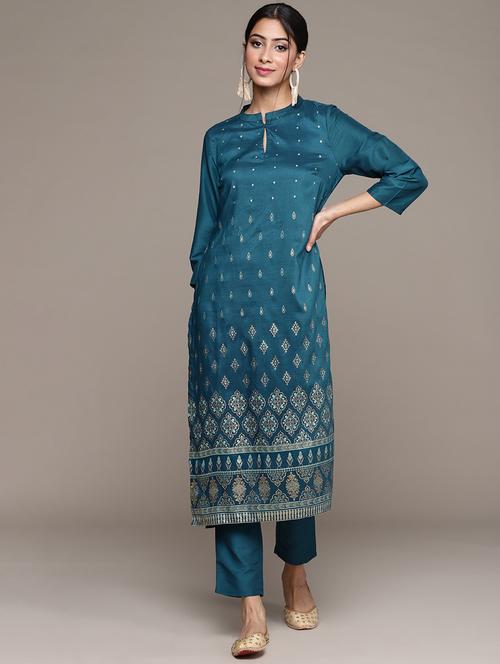 teal colored kurta pant set - 20314601 - Very Small Image - 1