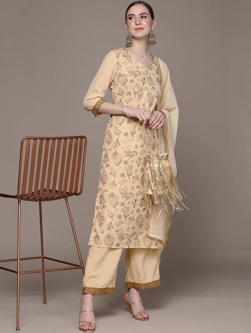beige colored kurta palazzo set - 20314637 - Very Small Image - 1