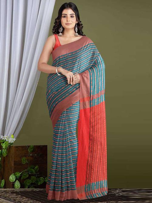 teal colored handloom saree with blouse - 20314765 - Very Small Image - 1