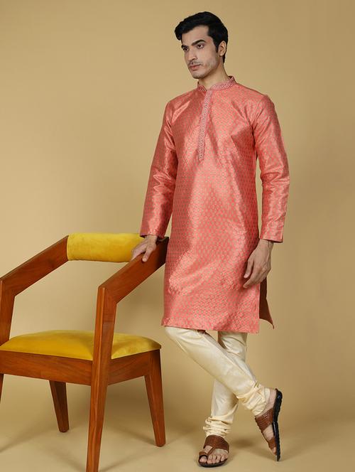 orange self designed mandarin neck long kurta - 20315997 - Very Small Image - 1