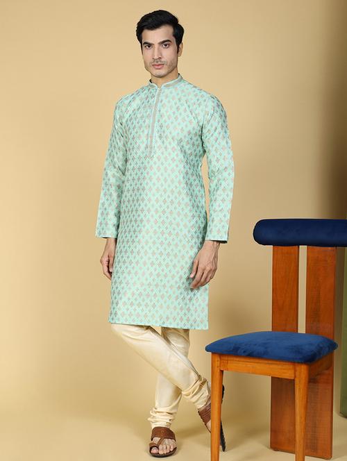 light blue self designed mandarin neck long kurta - 20316003 - Very Small Image - 1
