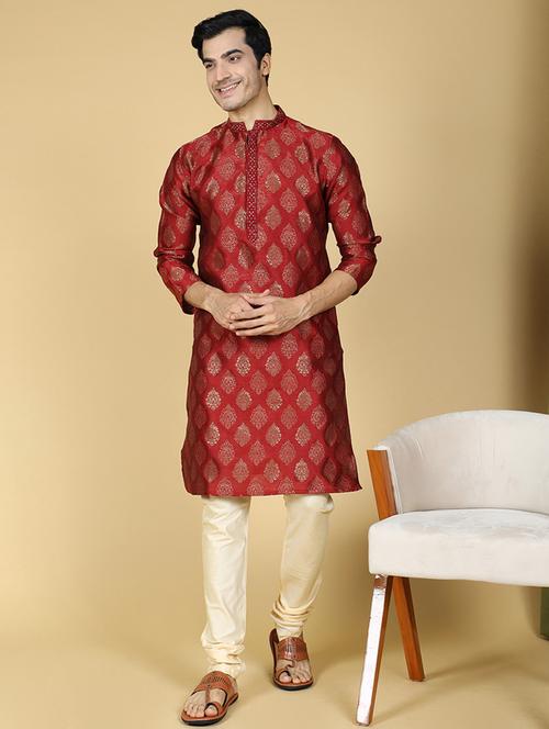 red self designed mandarin neck long kurta - 20316005 - Very Small Image - 1