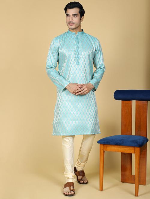 light blue self designed mandarin neck long kurta - 20316006 - Very Small Image - 1
