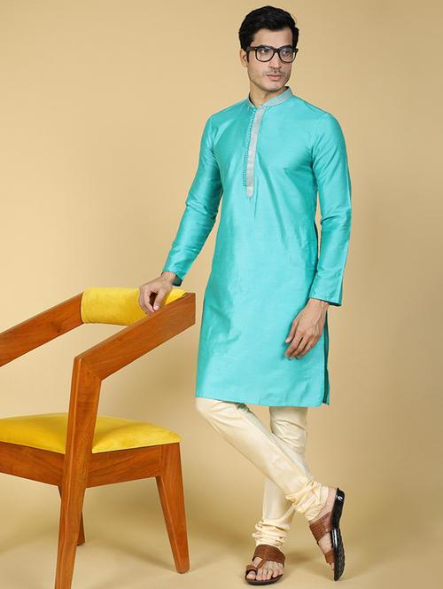 light blue solid mandarin neck long kurta - 20316014 - Very Small Image - 1