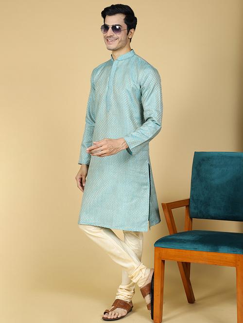 light blue self designed mandarin neck kurta pyjama set - 20316122 - Very Small Image - 1