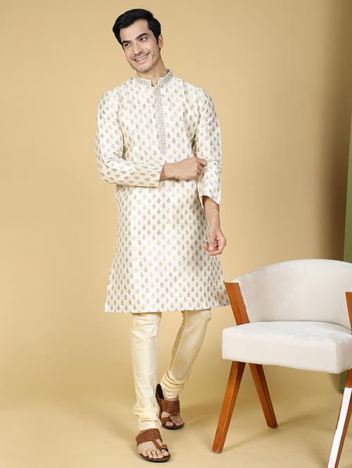 white self designed mandarin neck kurta pyjama set - 20316126 - Very Small Image - 1