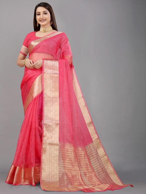 coral colored bordered saree with blouse - 20317301 - Very Small Image - 1