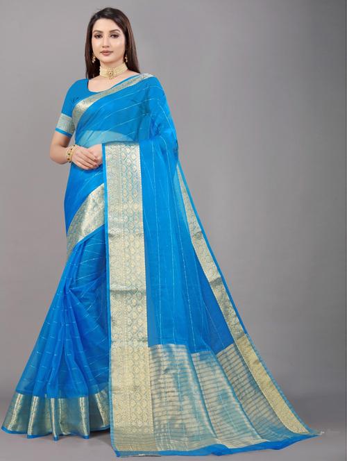 turquoise colored bordered saree with blouse - 20317306 - Very Small Image - 1