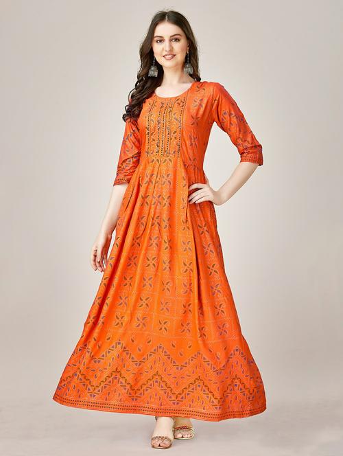 women orange round neck anarkali kurta - 20317937 - Very Small Image - 1