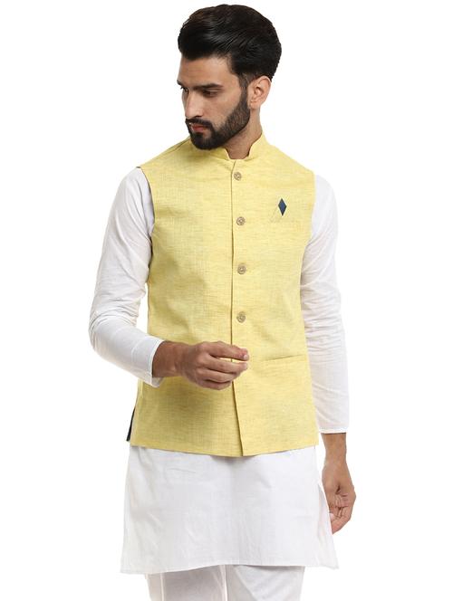 yellow cotton nehru jacket - 20318024 - Very Small Image - 1