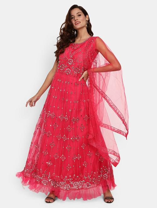 women pink round neck semi- stitched anarkali gown - 20318344 - Very Small Image - 1