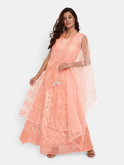women peach round neck semi- stitched anarkali gown - 20318346 - Very Small Image - 1