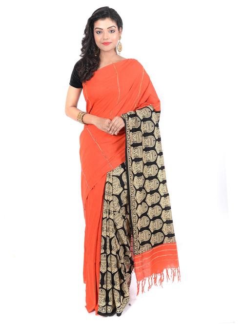 orange colored printed saree with blouse - 20318954 - Very Small Image - 1