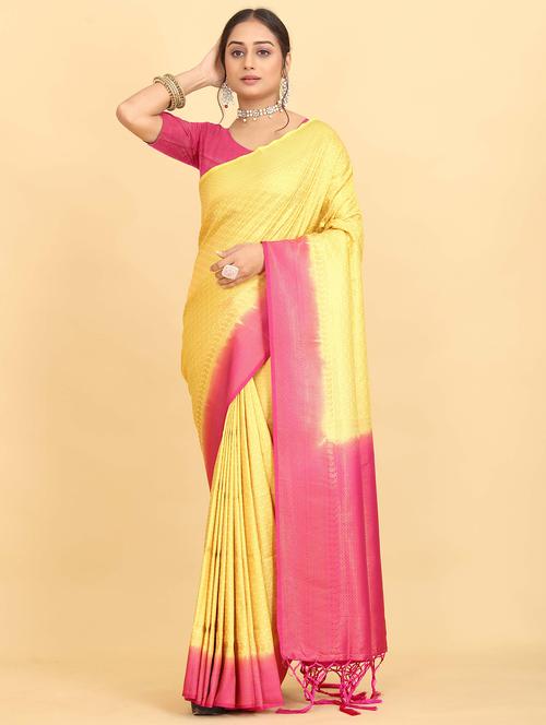 yellow colored kanjivaram saree with blouse - 20319147 - Very Small Image - 1