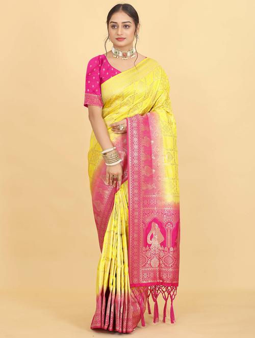 yellow colored banarasi saree with blouse - 20319152 - Very Small Image - 1