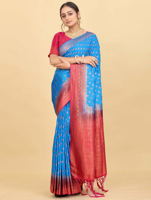 turquoise colored banarasi saree with blouse - 20319169 - Very Small Image - 1